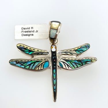 David R Freeland Jr Artisan Opal & Stone Inlay Dragonfly Pendant Sterling Silver 