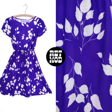 Lovely Vintage 70s 80s Purple & White Leaves Fit and Flare Day Dress 