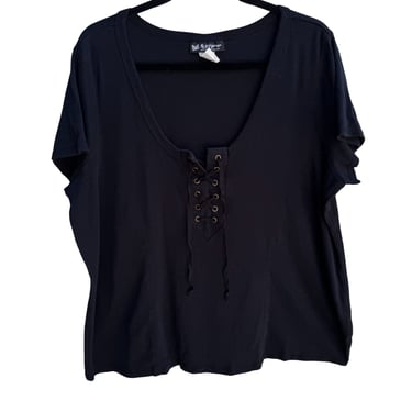 Self Esteem Vintage Y2K Black Lace-Up Scoop V-Neck Cotton Womens Shirt Top 22/24