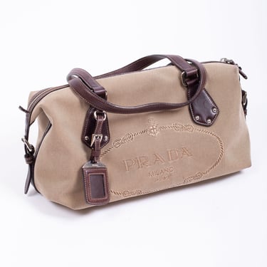 PRADA Canvas and Leather Medium Canapa Bowler Bag in Nude + Brown with Silver Hardware Minimal Tote Top Handle 