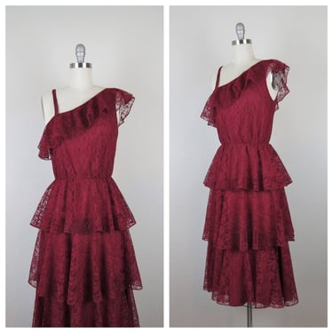 Vintage 1970s formal dress, one shoulder, tiered, lace, prom, cocktail, evening 