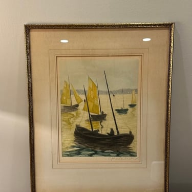 Vintage Nautical Landscape Colorized Etching - Signed - Free Shipping 