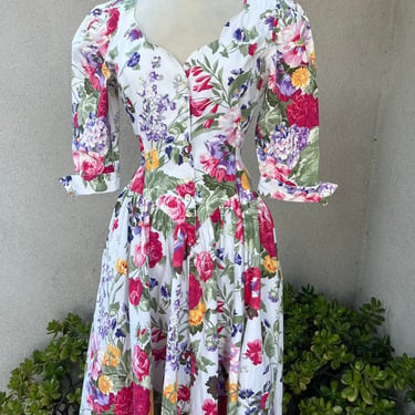 Vintage 80s boho cotton colorful white floral dress Sz 8 Small by Expo 