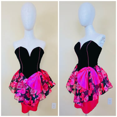 1980s Vintage Climax By David Howard Hot Pink and Velvet Dress / 80s Barbie Rose Peplum Prom Dress / Size XS - Small 