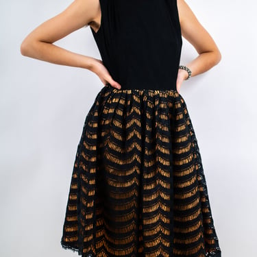 1960s Black and Gold Lace Fit and Flare Party Dress