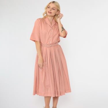 Vintage 50s Pink Dress The Texas Shirtwaist Pleated Skirt Button Up Dress Belted 1950s Midi Dress Shirtdress Mid Century Small 