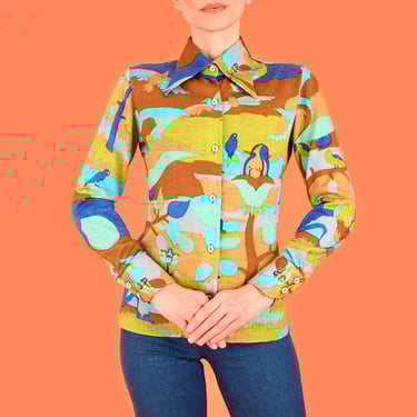 Vintage 70's Woodland Fantasy Hearts & Birds Signed Print Top// Trippy Allover Print  // Mod Hippie S M Small Medium 