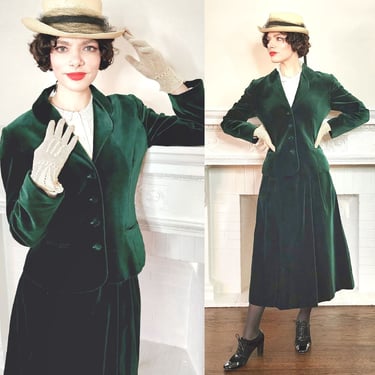 80s Laura Ashley Skirt Suit in Green Velvet, Midi Length Neo Edwardian Style - S 