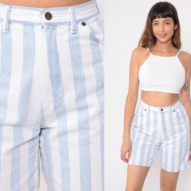 Striped Jean Shorts 90s Blue White Shorts Denim Shorts High Waisted Shorts 1990s Vintage Retro Summer Jeans Small 28 