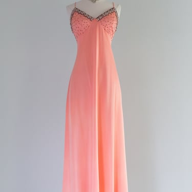 Beautiful 1970's Peaches n' Cream Beaded Evening Gown By Jack Bryan / ML