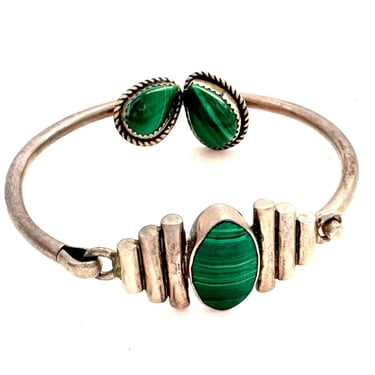 Vintage Taxco Malachite 950 Silver Bracelet Earrings Set Modernist Hinged Bangle Stud Earrings 