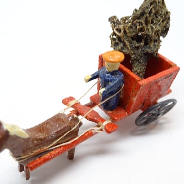 Antique German Erzgebirge Wagon Cart with Driver, Tree & Horse,  Vintage Toy Christmas Putz 