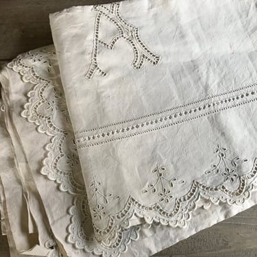 French Natural Linen Sheet, Floral Embroidery Work, Heirloom Linens, Queen Bed, French Farmhouse 