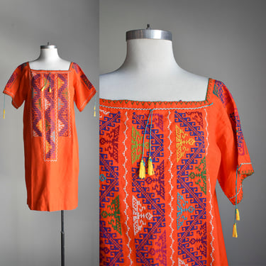 Vintage Orange Woven Huipil Dress 