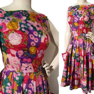 Vintage 50s 60s Sleeveless Party Dress Floral Print S / M 