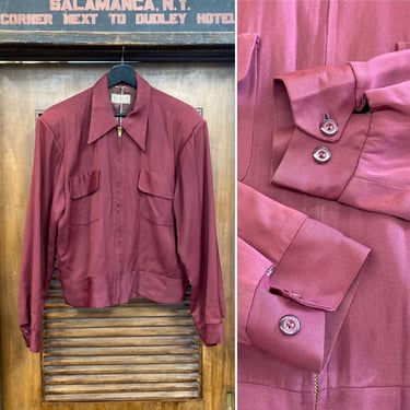 Vintage 1950’s Burgundy Color Rayon Gabardine Flap Pocket Ricky Rockabilly Jacket, 50’s Vintage Clothing 
