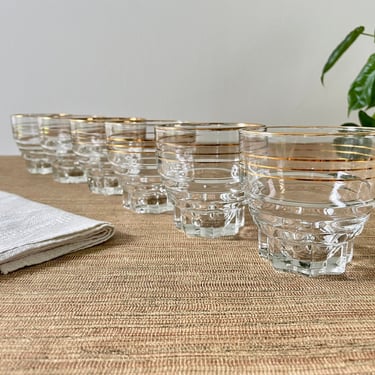 Vintage Gold Rim Glassware - Gold Stripe Glasses - Crystal Rocks Glasses - Heavy Bottoms - Set of 6 - Whiskey Glasses - Retro Barware 