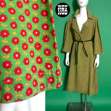 Plus Size Vintage 60s 70s Green & Red Flower Patterned Cotton Dress 