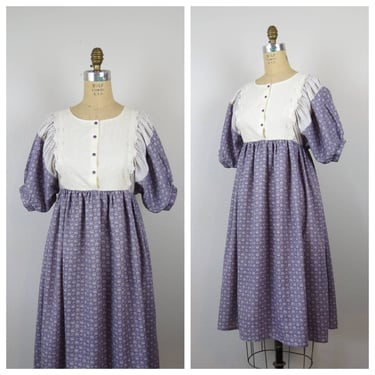 Vintage 1970s prairie dress calico floral cottage boho hippie puff sleeve cotton 