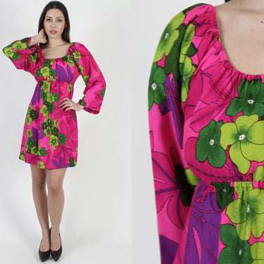 Colorful Tropical Vacation Mini Dress, Hot Pink Bell Sleeve Hawaiian Frock, Vintage 60's All Over Print Floral Short Dress 