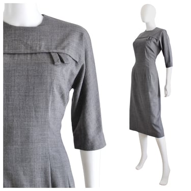 1950s Gray Lightweight Wool Wiggle Dress - 50s Secretary Dress - 50s Wiggle Sheath Dress - 50s Gray Day Dress - 50s Gray Dress | Size Medium 