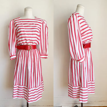 Vintage 1980s Red & Striped Belted Day Dress / M 