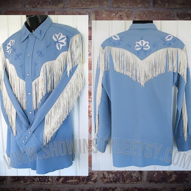 H Bar C, California Ranchwear, Vintage Western Men's Cowboy & Rodeo Shirt, Light Blue Taos, Embroidered, Approx. Small (see meas. photo) 