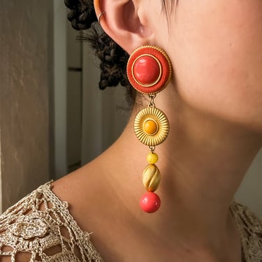 80s Coral & Yellow Dangle Earrings