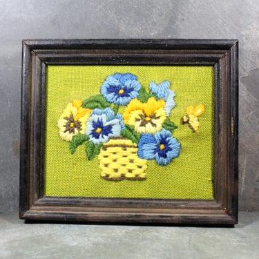 Vintage Yarn Needlepoint | Blue and Yellow Pansies | Floral Needlepoint 5 3/4