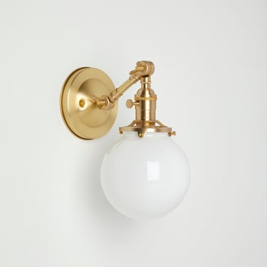 Adjustable arm wall scone - Hand blown globe - pivot fixture - brass lighting 