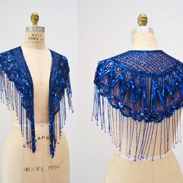 90s Vintage Blue Beaded Fringe Shawl Wrap Burlesque Wedding Flapper Blue  Metallic Beaded Vintage Fringe Collar Shawl Showgirl 
