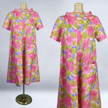 VINTAGE 60s Bright Floral Tent Cut Duster House Dress | 1960s Loungewear Nightgown | VFG 