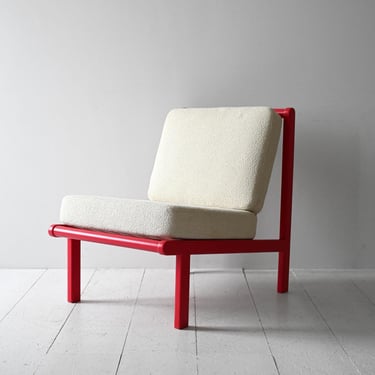 Scandinavian Vintage Cherry Red Armchair, 1960s Modernist Wooden Frame with New Cushions 