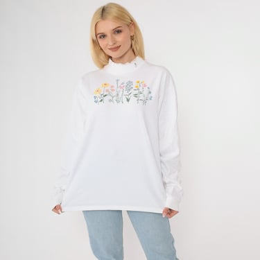 Y2K Floral Mock Neck T-Shirt Vintage White Long Sleeve Graphic Tee Wildflower Garden Print Anvil Knitwear Cotton Large L 