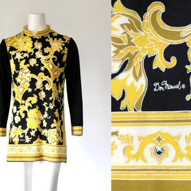 1960s Don Manuel of Miami FloralBaroque Mini Dress - Vintage 60s Long Sleeve Black and Gold Knit Dress - Large 