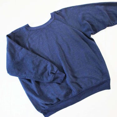 Vintage Navy Blue Raglan Pullover Sweatshirt M - 70s Soft Thin Worn In Crewneck Sweater - Simple Minimalist Style 