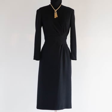 Elegant Vintage Ferragamo Black Wool Crepe Evening Dress With High Neck / Small