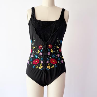 SIZE S/M 80s Embroidered Swimsuit - Lace Up Open Back - Adorable Retro 50s Inspired Swimsuit Hungarian style Embroidery 