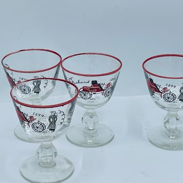 Libby’s Vintage Set of 4 Red Rimmed Wine Cordials 1899 Packard Auto Bar 4” Glasses 
