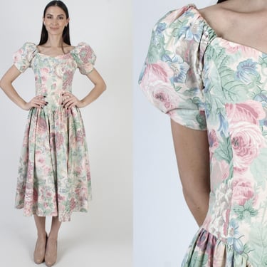 Romantic Floral Rose Print Dress, Puff Sleeves, Womens Prairie 70s Gown, Victorian Garden Bias Cut 