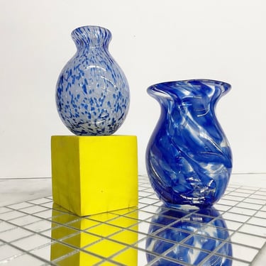 Vintage Vase Set Retro 2000s Contemporary + Murano Style + Glass + Set of 2 + Clear + Blue + Small Size + Flower Display + Home Decor 