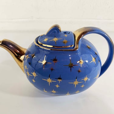 Vintage Hall Teapot Kitchen Canister MCM Tea Coffee Pot Starburst Periwinkle Blue Gold Party Housewarming Gift Mid-Century 1950s 50s 