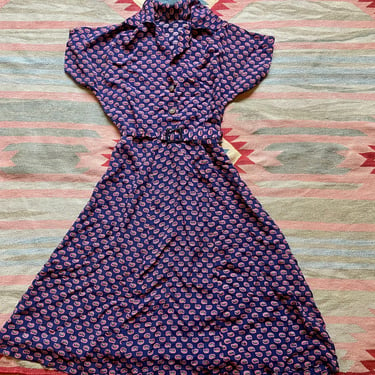 Vintage 50s Navy Blue Paisley Print Nylon Belted Collared House Dress medium by TimeBa