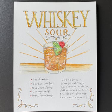 Whiskey Sour Recipe Original Watercolor Painting