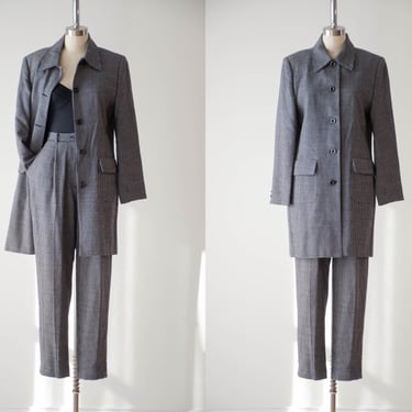 navy wool suit | 90s vintage dark blue white polka dot dark academia high waisted pants and long coat 2 piece suit set 