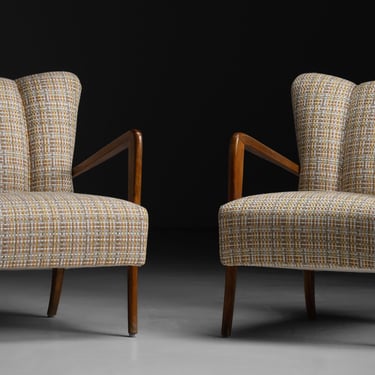 Cherrywood Armchairs in Tweed Fabric by Pierre Frey