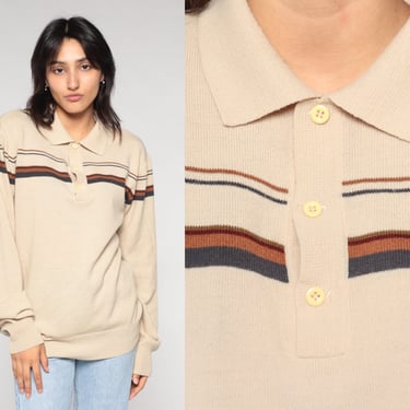 Tan Striped Sweater 80s Polo Knit Pullover Sweater Beige Collared Preppy Button up Jumper Freaks and Geeks Vintage 1980s Acrylic Large L 
