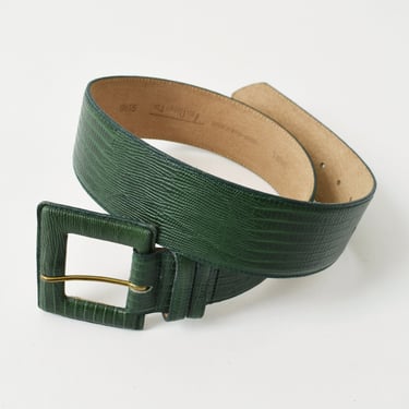 vintage wide green leather belt with square buckle 