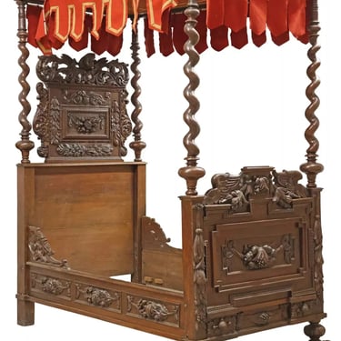 Antique French Renaissance Revival, Carved, Oak, Four-Poster, Tester Bed, 1800s