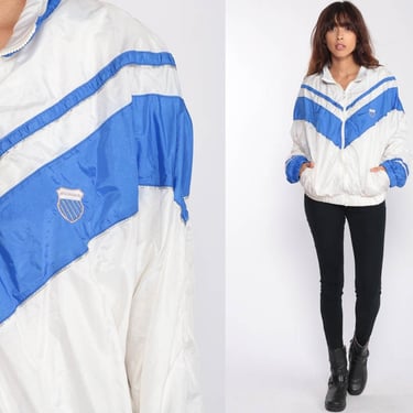 80s Windbreaker Jacket K SWISS Jacket Striped Windbreaker White Blue Hipster Vintage 90s Extra Large xl 